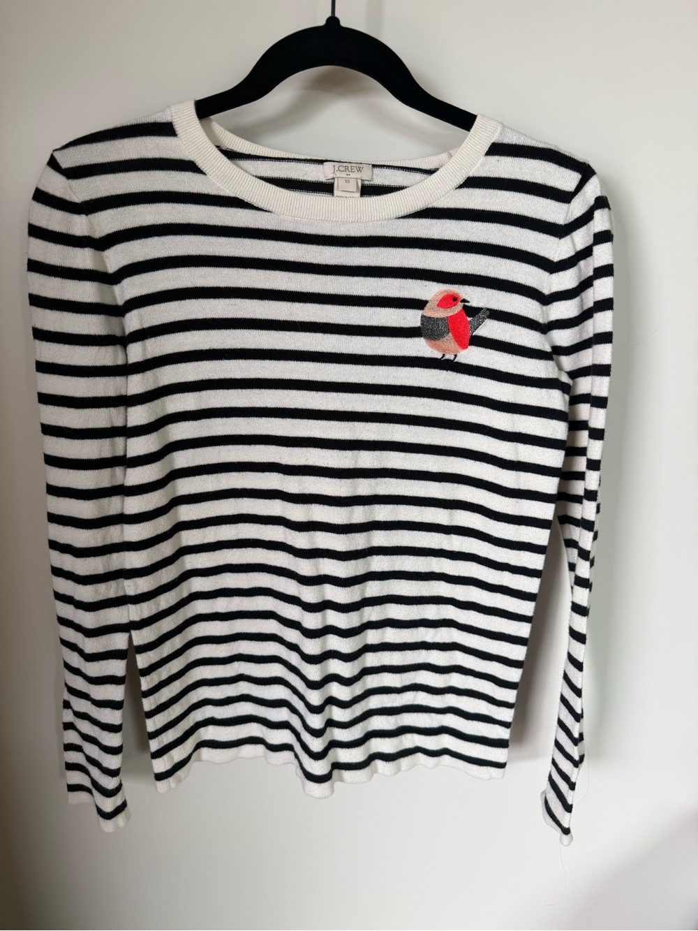 J. Crew Black and White Striped Teddie Sweater with Red Bird Patch
